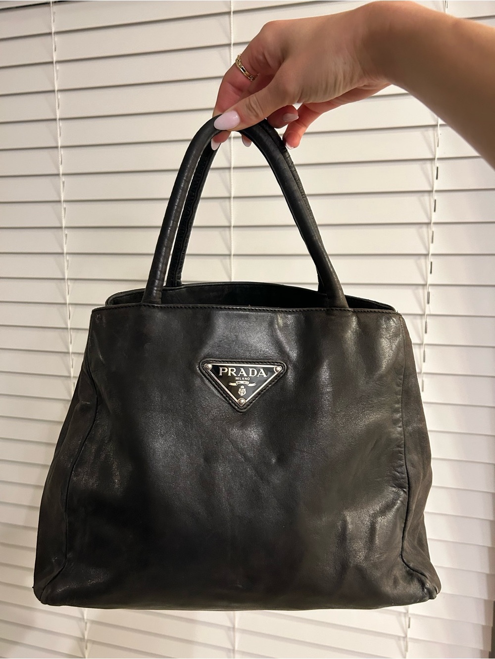 Prada Black Leather Satchel with Triangle Logo - Picture 5 of 8